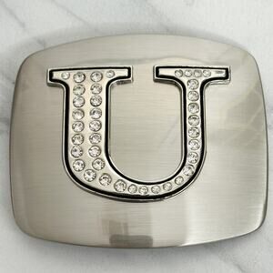 Rhinestone Studded U Letter Initial Monogram Silver Tone Belt Buckle ✨